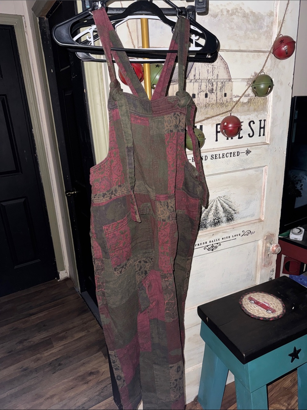 easel Patchwork Overalls in Olive Green & Burgundy